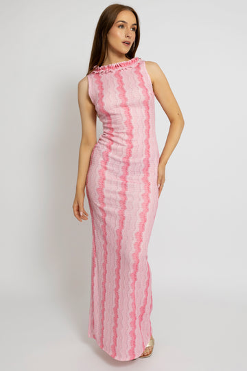 Textured Pink Maxi Dress with Ruffled Scoop Back